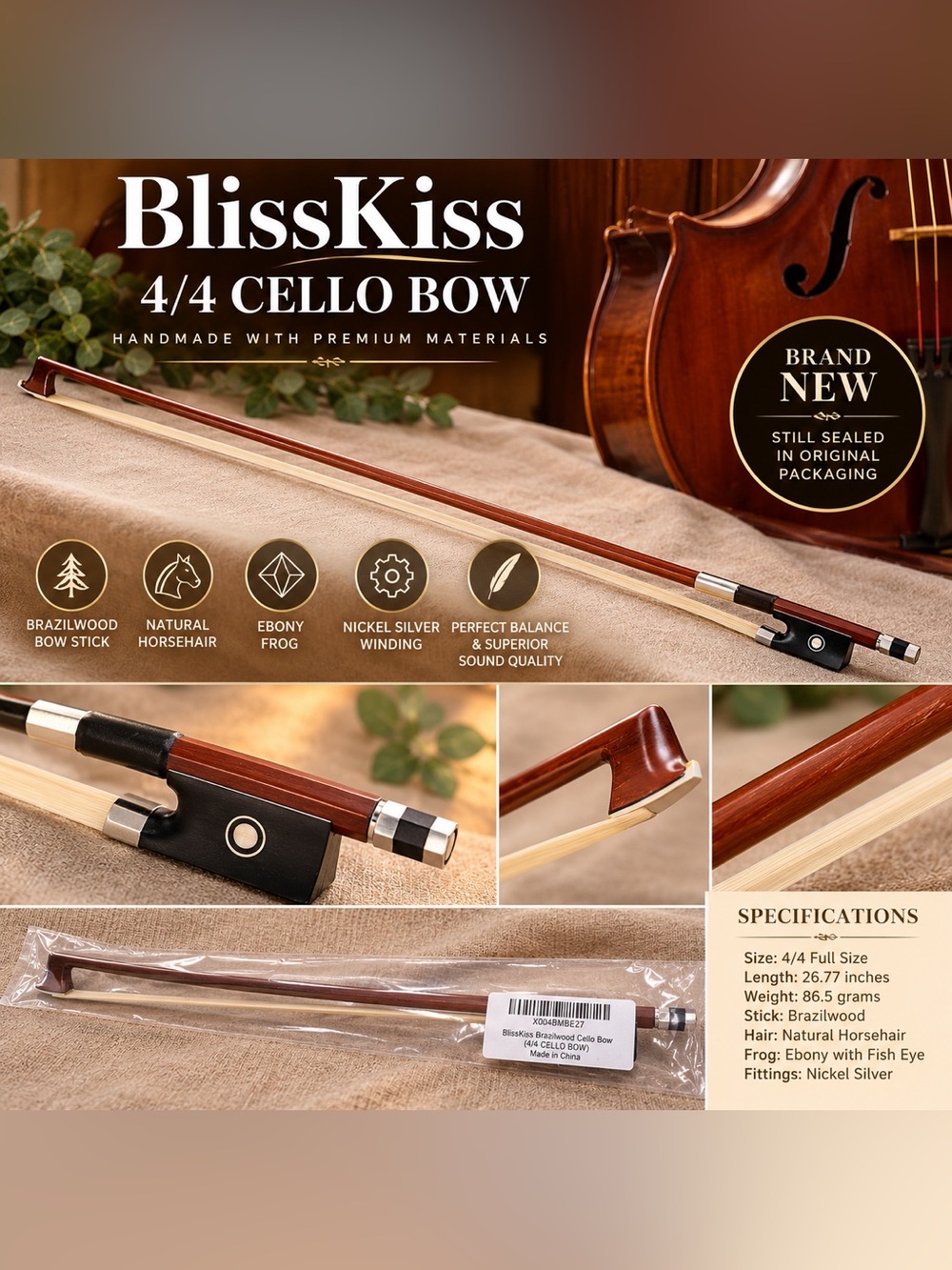 🎻 BRAND NEW Full-Size Cello Bow Handmade 26.77” Bow Stick 4/4